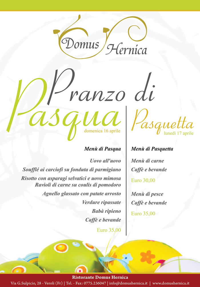 menu di Pasqua e Pasquetta alla Domus Hernica a Veroli 