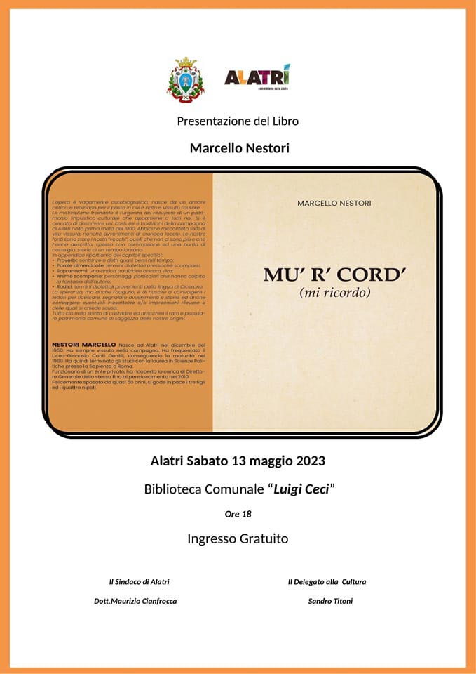 Presentazione del libro ''M' r' cord' '' Alatri 2023